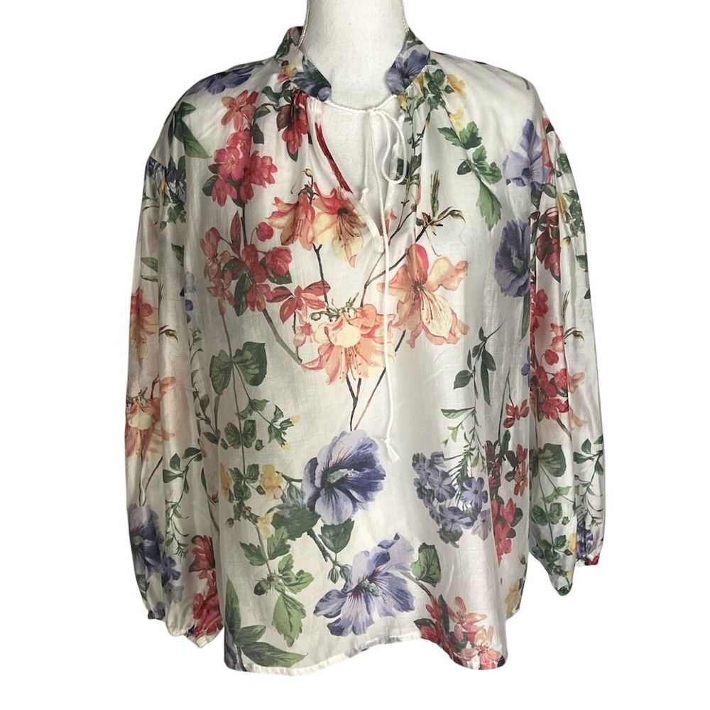CeCe Blouse Women's M Colorful Floral Long Sleeve V-Neck Sheer Casual